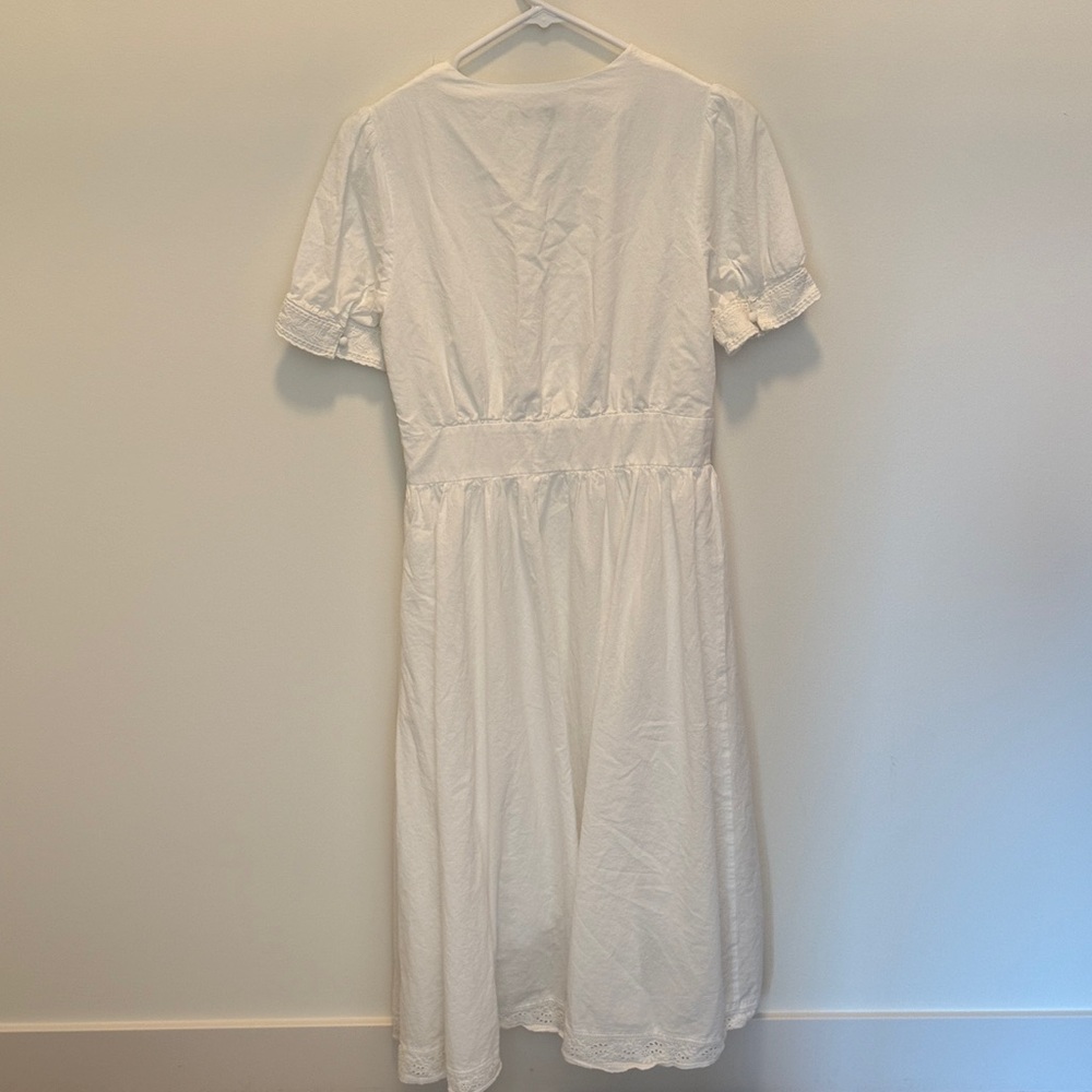 100% Cotton White Eyelet Midi Dress with Lace-Trim V-Neck Simple Retro - Picture 6 of 9